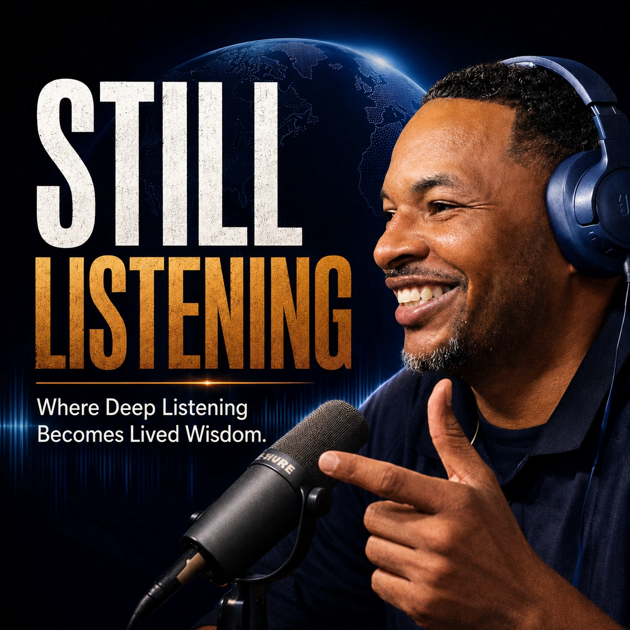 Still Listening podcast artwork featuring Rob Cook at a microphone. Where Deep Listening Becomes Lived Wisdom.